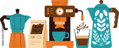 Colorful flat illustration of coffee making equipment including moka pot espresso machine coffee bag and french press with beans and whipped cream.