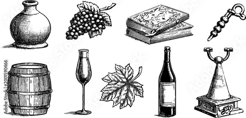 Wine accessories and vintage objects arranged on white background