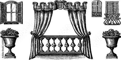 Balcony with draped curtains and urn planters on white background