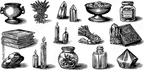 Spellcraft ingredients arranged on white background in engraved layout