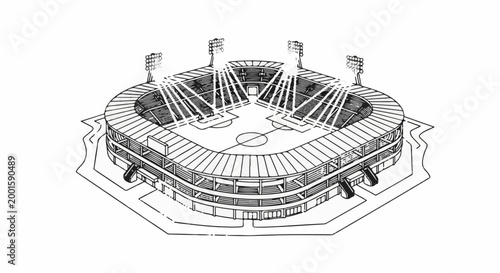 Black and white sketch of a large, multi-tiered stadium with a playing field and floodlights
