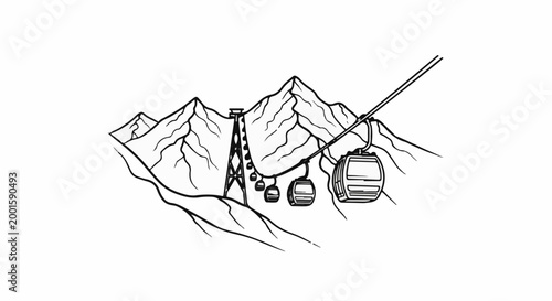 Black and white sketch of a mountain scene with cable cars