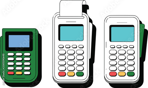 Credit card payment terminal machines collection including point of sale devices for retail shopping and secure financial payment.