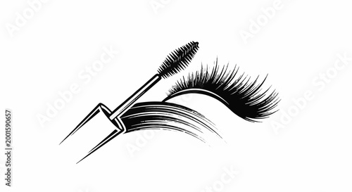 Black and white illustration of mascara wand applying to long lashes