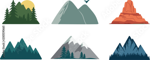 Mountain landscape icons set, nature scenery collection with forest peaks desert rocks and alpine hills