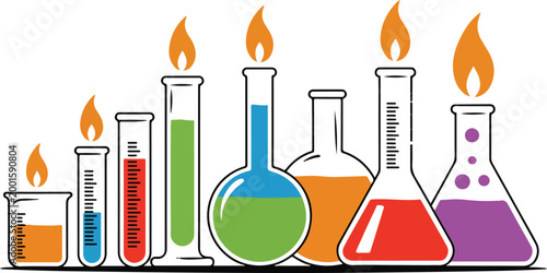 Science laboratory equipment vector illustration set with colorful liquids inside glass flasks and test tubes with orange flames.
