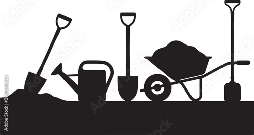 Gardening tools silhouette collection featuring shovels watering can wheelbarrow and pile of soil for outdoor landscape work set.