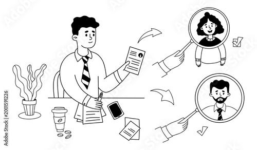 HR Management Workspace. Recruiter Choosing Between Male and Female Candidates. Isolated Outline Office Life Elements. Doodle hand-drawn. Vector illustration