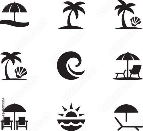 Set of beach vacation icons, palm trees, sun umbrella, lounge chairs, and ocean waves on transparent background.