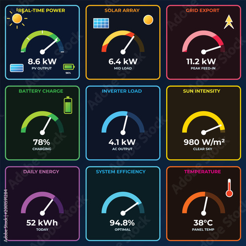 Solar Energy Dashboard Vector Illustration Showing Renewable Power Consumption Metrics Inverter Load Battery Charge System Efficiency And Grid Export Monitoring Interface 