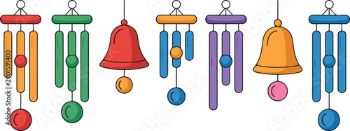 Decorative wind chimes with colorful tubes and bells hanging on transparent background festive outdoor decoration.