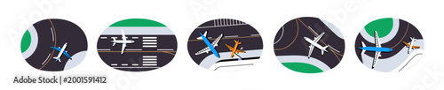 Airplanes landing on runways set. Aircrafts are taking off airstrips top view. Planes arrive at airport terminal. Air flights and travels with airlines. Flat isolated vector illustrations on white