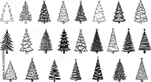 Hand drawn Christmas tree vector set, 24 black and white pine tree sketches, minimalist evergreen fir silhouettes for holiday greeting cards
