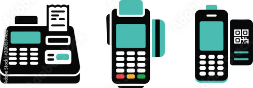 Collection of payment terminal point of sale electronic equipment icons for retail store financial transaction processing system.