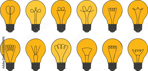 Various glowing light bulb icon set with creative filament shapes for power energy saving invention idea concept illustration.