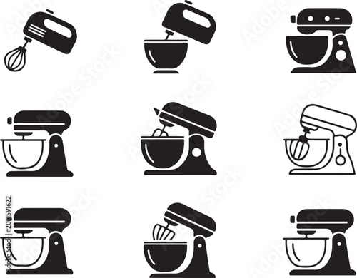 Kitchen electric stand mixer icon set displaying various models of food processors and handheld beaters in black silhouette vector.