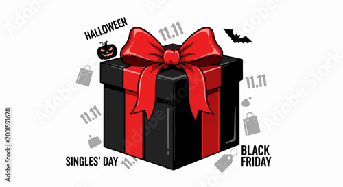 Black gift box with red ribbon surrounded by sale event symbols