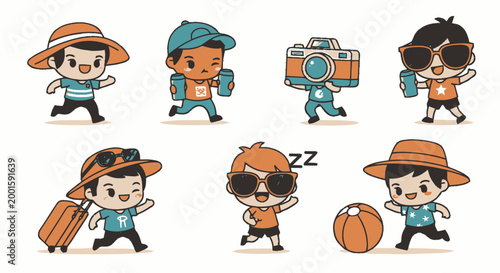 Cartoon children on summer vacation.