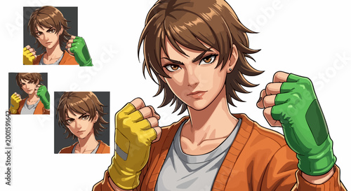 Anime style female fighter character vector, young woman in martial arts pose with boxing gloves, manga avatar set for gaming and esports