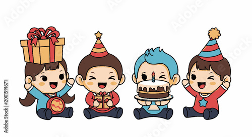 Cartoon children wearing party hats happy.