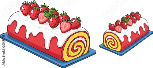 Strawberry Swiss roll cake vector illustration, sweet dessert with white cream frosting and fresh berries, red sponge cake roll on blue tray