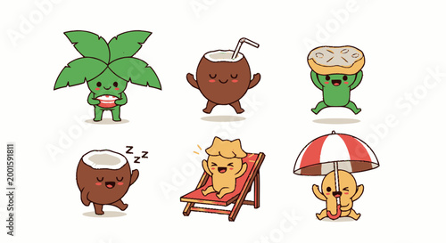 Cartoon coconut characters on vacation relaxing.