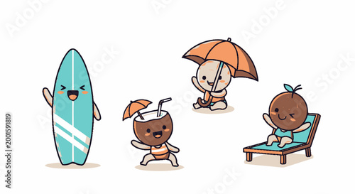 Cartoon coconut beach vacation characters.