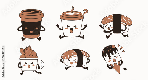 Cartoon coffee and dessert characters.