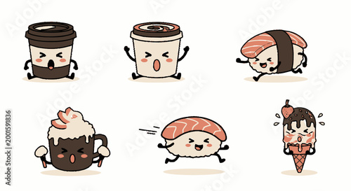 Cartoon coffee and dessert characters running.
