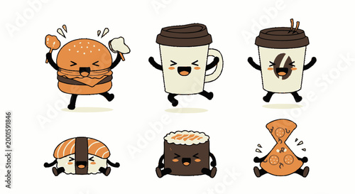 Cartoon coffee and pastry characters dancing.