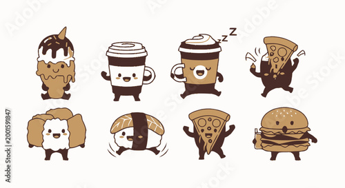 Cartoon coffee and food characters.