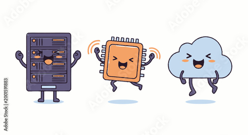 Cartoon computer chip and cloud characters.