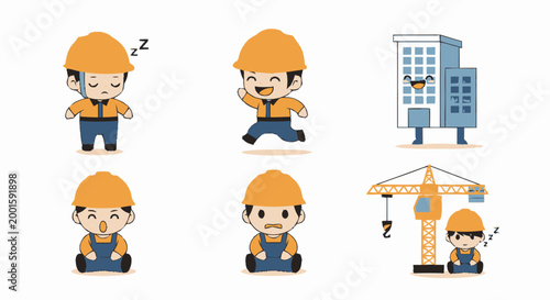 Cartoon construction worker characters.