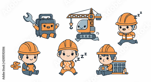 Cartoon construction worker characters various actions.