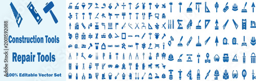 Construction tools and repair tools icon set, blue industrial hardware symbols, professional handyman equipment vector collection for DIY projects