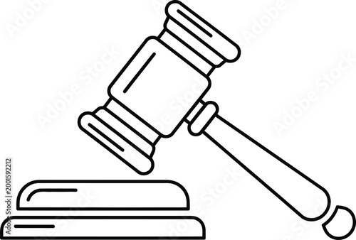 Black outline of a judge's gavel striking a sounding block justice court