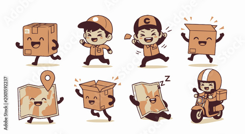 Cartoon delivery boxes and characters.