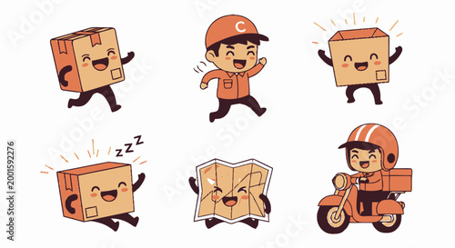 Cartoon delivery man and boxes characters.