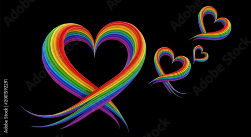 Rainbow heart vector illustration on black background, colorful pride hearts with ribbon texture, vibrant lgbtq symbols for love and equality