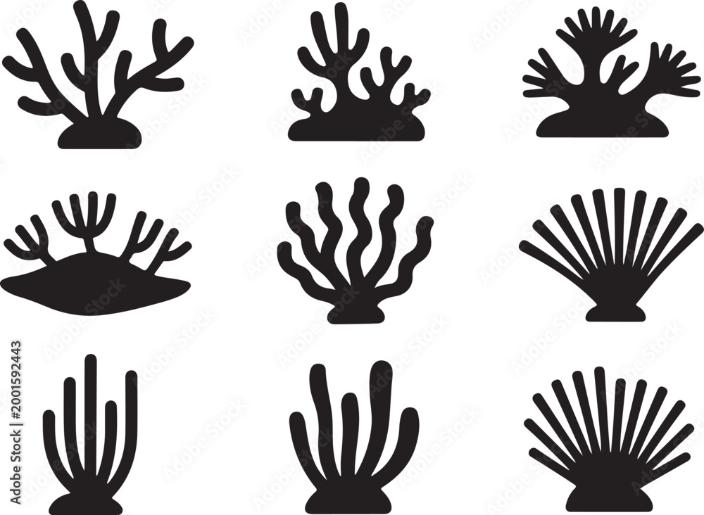 Fototapeta premium Marine life coral icons sea flora and fauna silhouettes for ocean and underwater themes decoration.