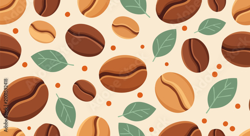 Roasted coffee beans seamless pattern, organic coffee seed and green leaf background vector, cafe wallpaper and packaging design