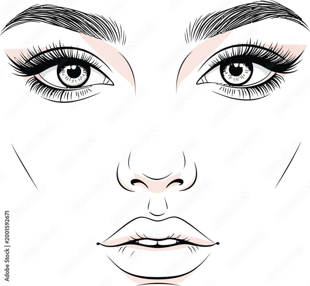 Fototapeta premium Minimalist line of a woman's face with pink accents on eyes and lips line minimalist