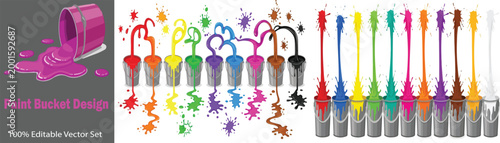 Colorful paint bucket design set, vibrant liquid splashes and drips from metal cans, editable vector collection for creative art projects