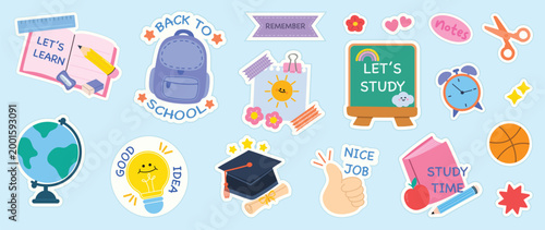 Cute back to school study sticker set vector. Pastel kids education doodle labels with backpack, globe, chalkboard, notebook, clock, pencil, cap and classroom supplies.