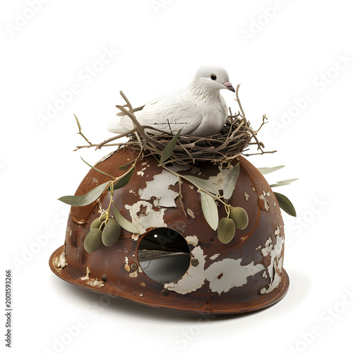 White dove nesting in rusty military helmet with olive branch. Peace after war concept