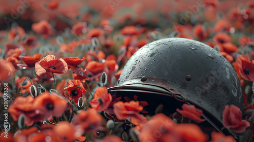 Military helmet in field of red poppies. Remembrance Day and WWII memorial concept