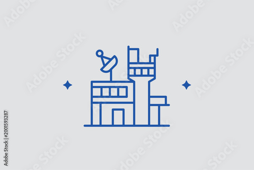 Airport terminal building line icon for identifying departure halls and arrival facilities. Architectural vector illustration for city travel guides and airport location maps.