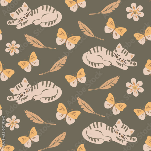 Seamless pattern with sleeping tabby kitten, butterflies and feathers on a dark background