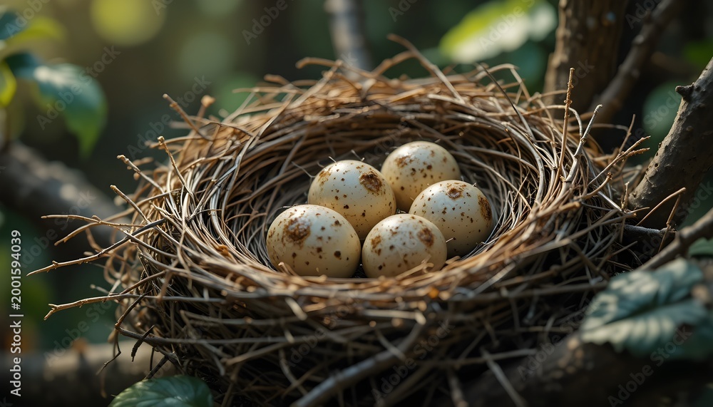 Fototapeta premium Bird Nest on Tree Branch with Natural Light