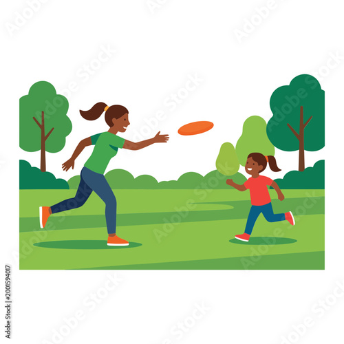 Woman throws frisbee to child in green park with trees and grass